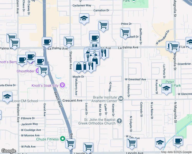 map of restaurants, bars, coffee shops, grocery stores, and more near 8221 Maple Drive in Buena Park