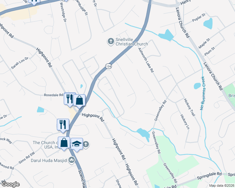 map of restaurants, bars, coffee shops, grocery stores, and more near 2571 Oak Grove Lane in Snellville