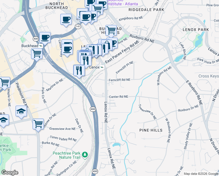 map of restaurants, bars, coffee shops, grocery stores, and more near 3301 Ferncliff Court in Atlanta
