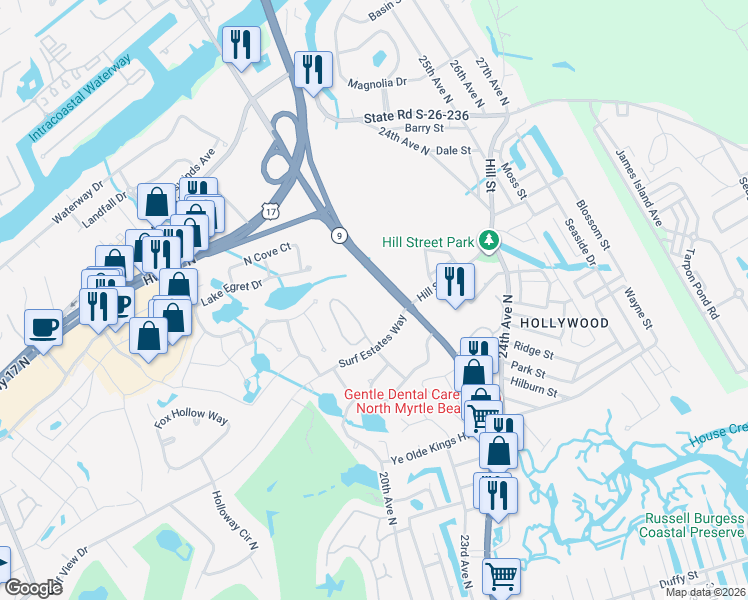 map of restaurants, bars, coffee shops, grocery stores, and more near 1695 Sea Mountain Highway in North Myrtle Beach