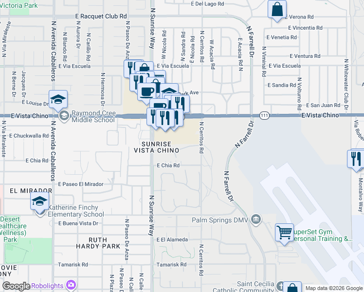 map of restaurants, bars, coffee shops, grocery stores, and more near 1960 East Sandalwood Drive in Palm Springs