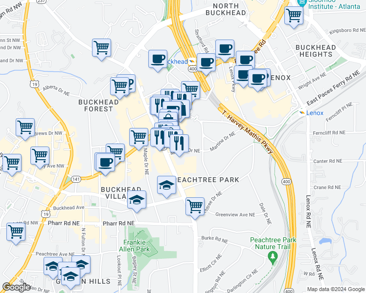map of restaurants, bars, coffee shops, grocery stores, and more near 570 Martina Drive Northeast in Atlanta