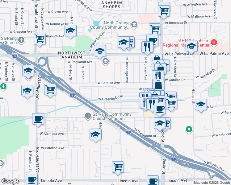 map of restaurants, bars, coffee shops, grocery stores, and more near 1860 Glenoaks Avenue in Anaheim