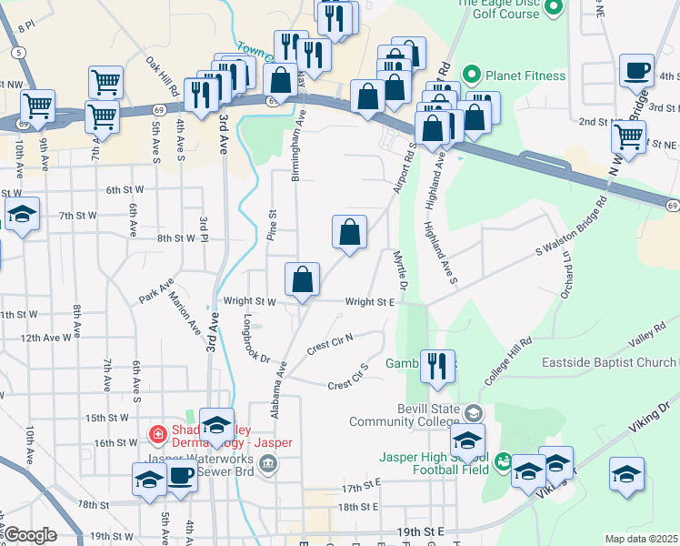 map of restaurants, bars, coffee shops, grocery stores, and more near 903 Airport Road South in Jasper