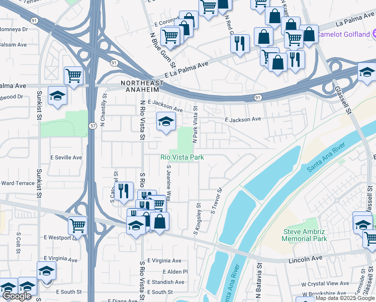 map of restaurants, bars, coffee shops, grocery stores, and more near 301 North Park Vista Street in Anaheim
