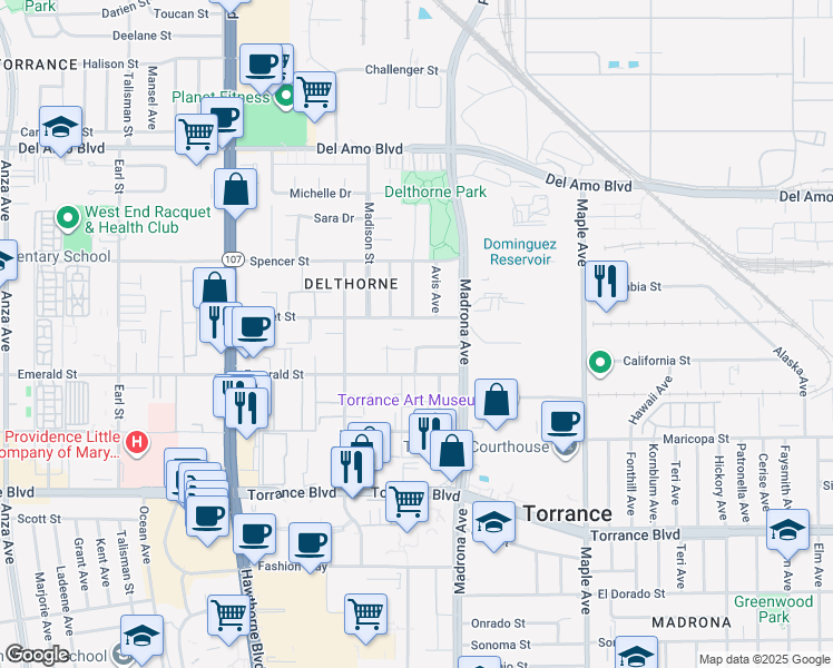 map of restaurants, bars, coffee shops, grocery stores, and more near 3450 Garnet Street in Torrance