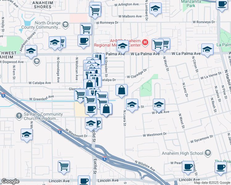 map of restaurants, bars, coffee shops, grocery stores, and more near 801 North Loara Street in Anaheim