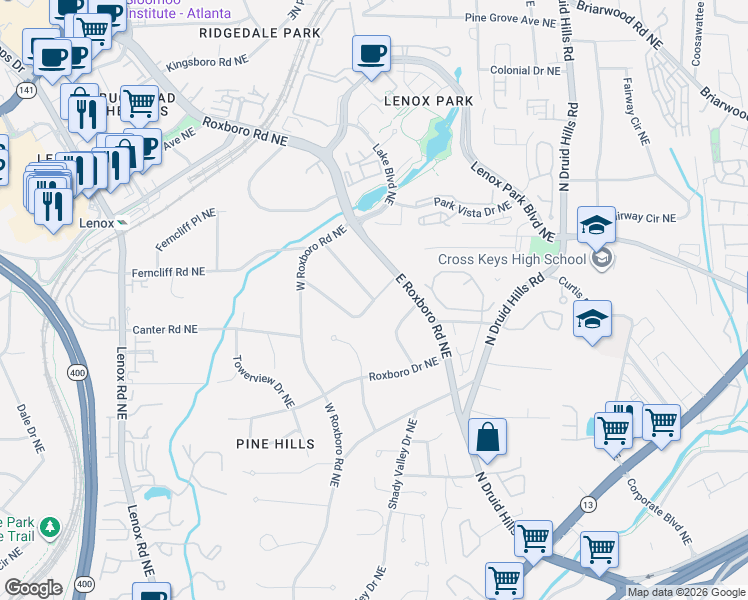 map of restaurants, bars, coffee shops, grocery stores, and more near 1217 Pine Ridge Road Northeast in Atlanta