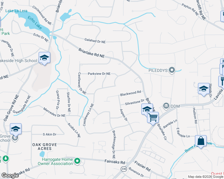 map of restaurants, bars, coffee shops, grocery stores, and more near 2073 Castleway Lane Northeast in Atlanta