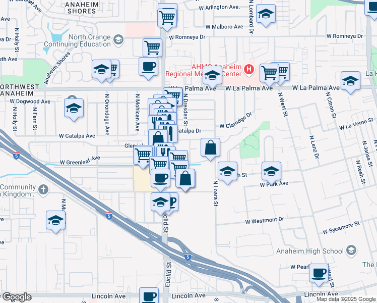 map of restaurants, bars, coffee shops, grocery stores, and more near 801 North Loara Street in Anaheim