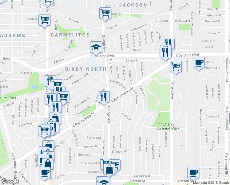 map of restaurants, bars, coffee shops, grocery stores, and more near 4681 North Banner Drive in Long Beach