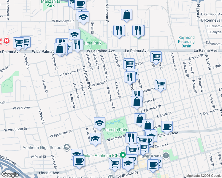 map of restaurants, bars, coffee shops, grocery stores, and more near 746 North Clementine Street in Anaheim