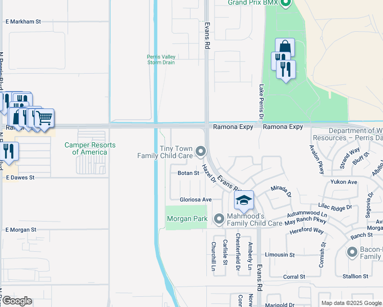 map of restaurants, bars, coffee shops, grocery stores, and more near 606 Amaranta Avenue in Perris