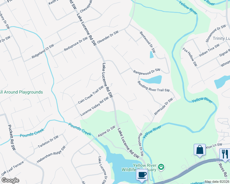map of restaurants, bars, coffee shops, grocery stores, and more near 4551 Lucerne Lane Southwest in Lilburn