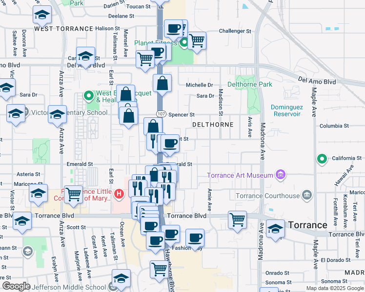 map of restaurants, bars, coffee shops, grocery stores, and more near 3710 Garnet Street in Torrance