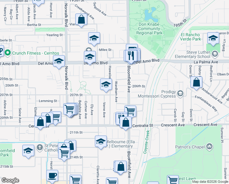 map of restaurants, bars, coffee shops, grocery stores, and more near 20625 Wardham Avenue in Lakewood