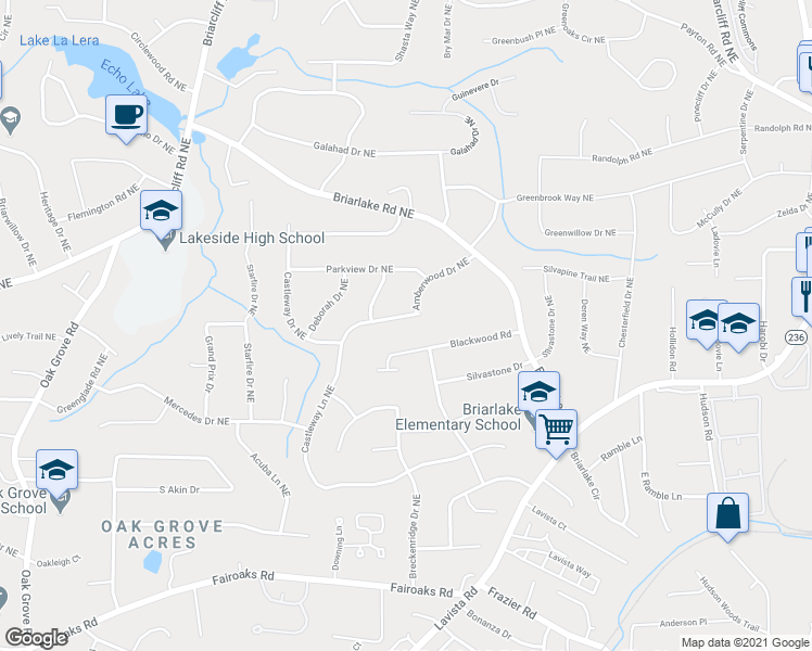 map of restaurants, bars, coffee shops, grocery stores, and more near 2073 Castleway Lane Northeast in Atlanta