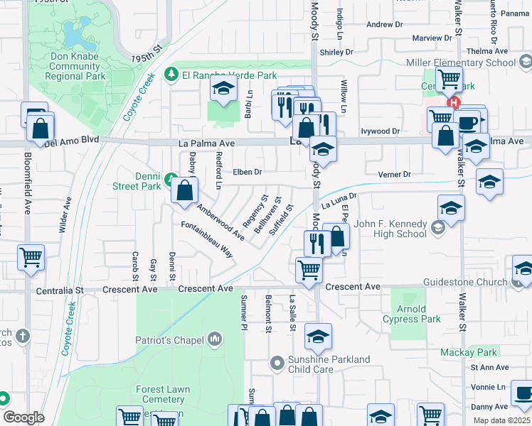 map of restaurants, bars, coffee shops, grocery stores, and more near 8211 Bellhaven Street in La Palma