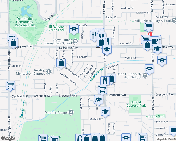 map of restaurants, bars, coffee shops, grocery stores, and more near 8211 Bellhaven Street in La Palma