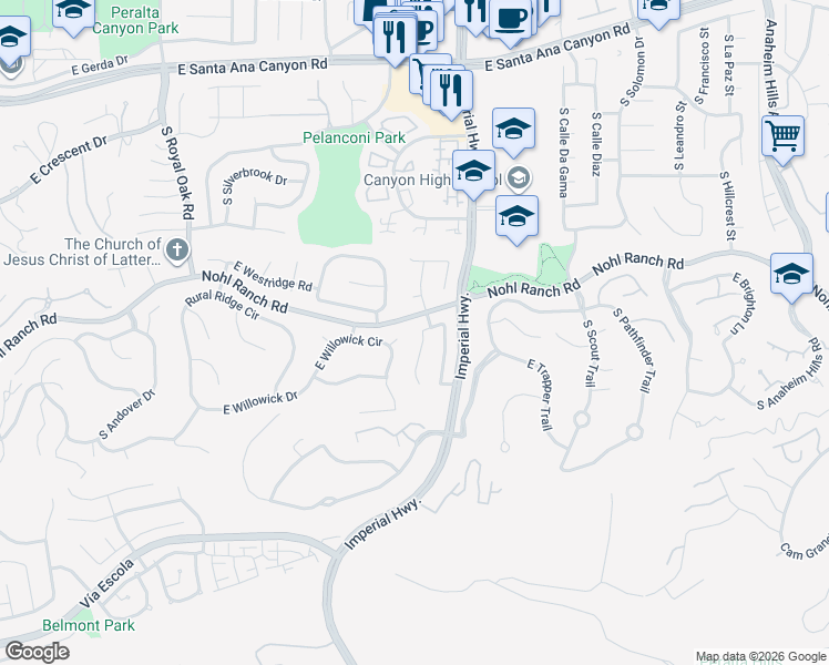 map of restaurants, bars, coffee shops, grocery stores, and more near 501 South Avenue Faro in Anaheim