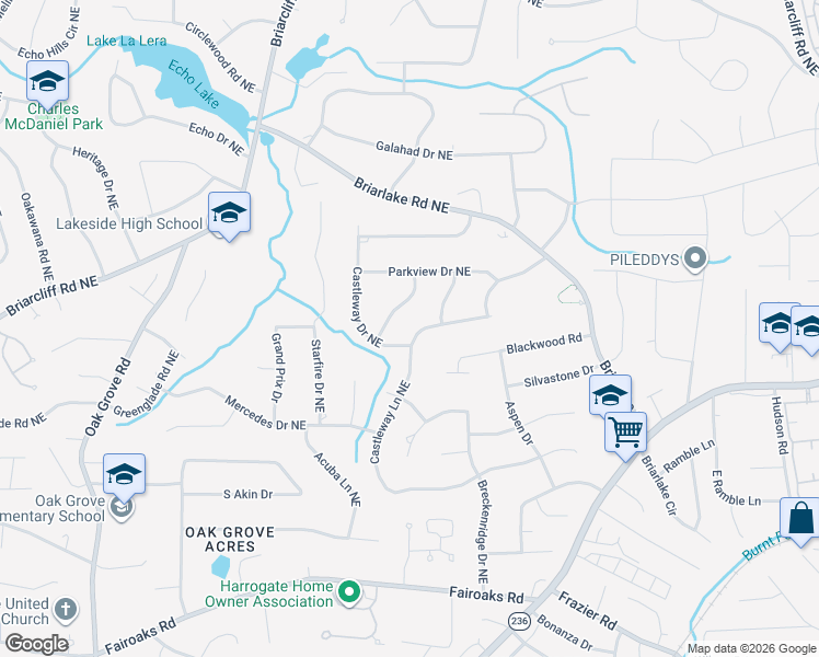 map of restaurants, bars, coffee shops, grocery stores, and more near 2016 Castleway Lane Northeast in Atlanta
