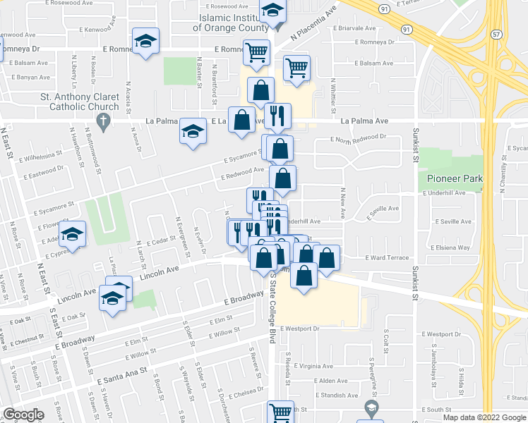 map of restaurants, bars, coffee shops, grocery stores, and more near 225 North State College Boulevard in Anaheim