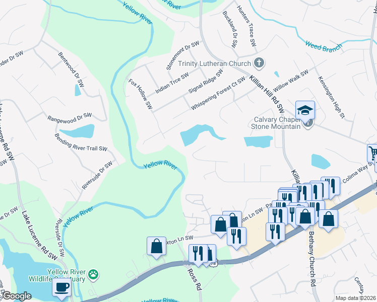 map of restaurants, bars, coffee shops, grocery stores, and more near 4218 Rocky Ledge Way in Snellville