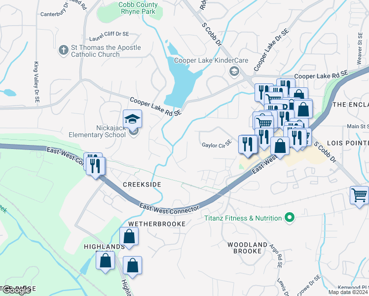 map of restaurants, bars, coffee shops, grocery stores, and more near 5180 Laurel Bridge Court Southeast in Smyrna