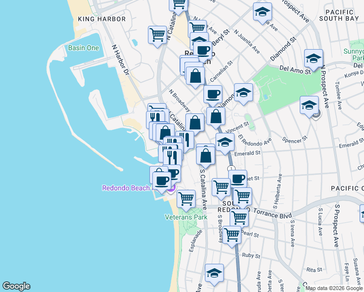 map of restaurants, bars, coffee shops, grocery stores, and more near 250 The Village in Redondo Beach