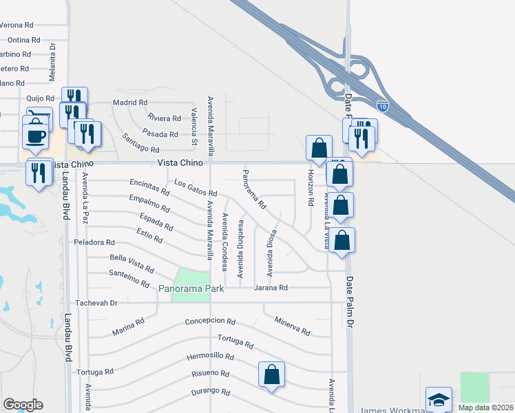 map of restaurants, bars, coffee shops, grocery stores, and more near 68615 Panorama Road in Cathedral City