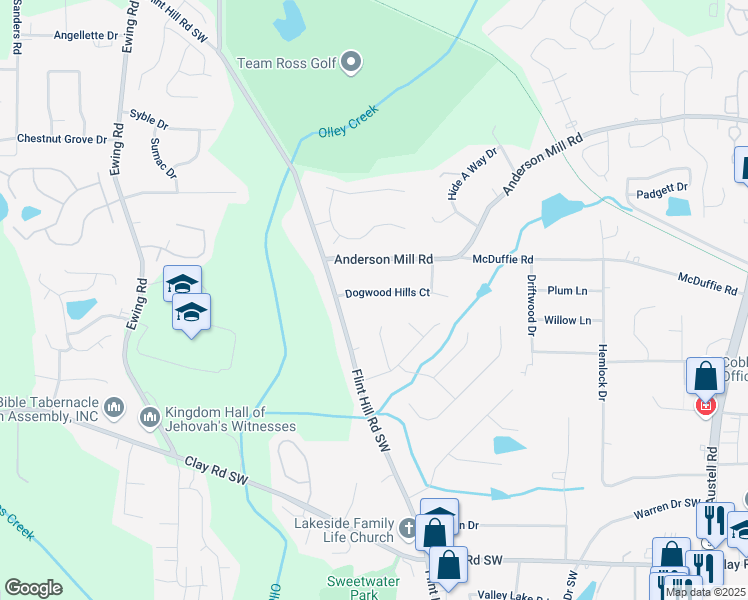 map of restaurants, bars, coffee shops, grocery stores, and more near 2539 Dogwood Hills Court in Austell