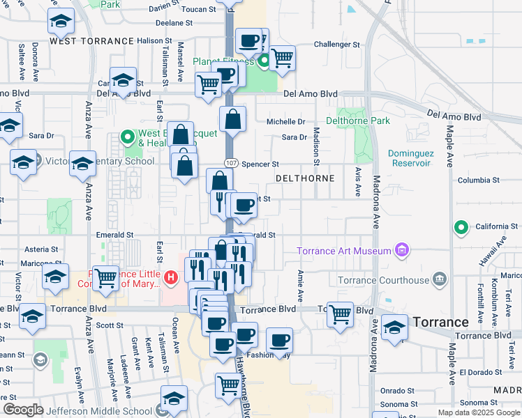 map of restaurants, bars, coffee shops, grocery stores, and more near 3710 Garnet Street in Torrance