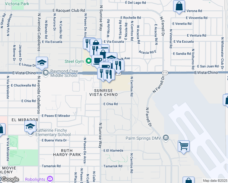 map of restaurants, bars, coffee shops, grocery stores, and more near 1974 East Sandalwood Drive in Palm Springs