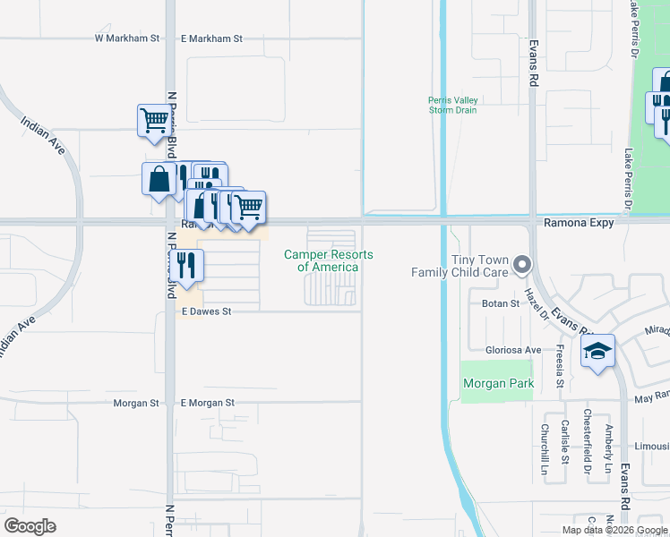 map of restaurants, bars, coffee shops, grocery stores, and more near 375 Ramona Expressway in Perris