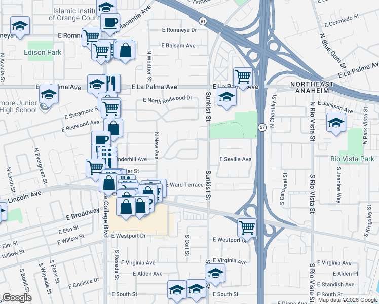 map of restaurants, bars, coffee shops, grocery stores, and more near 2415 East Seville Avenue in Anaheim