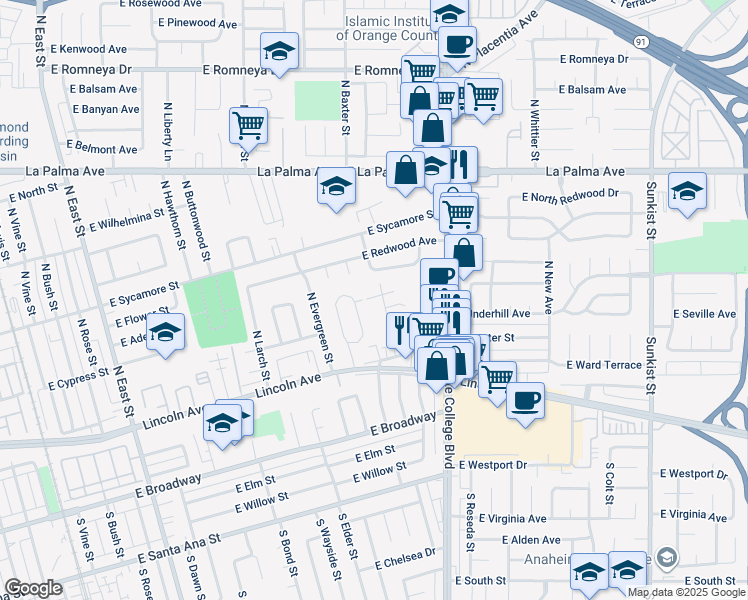map of restaurants, bars, coffee shops, grocery stores, and more near 1817 East Cypress Street in Anaheim