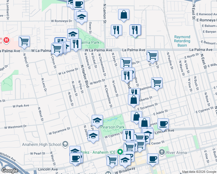 map of restaurants, bars, coffee shops, grocery stores, and more near 746 North Clementine Street in Anaheim