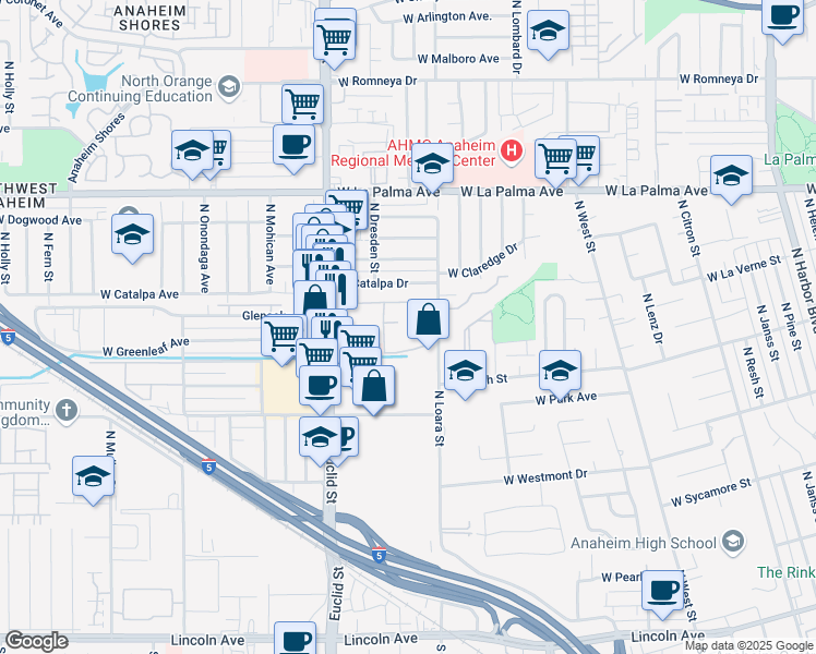 map of restaurants, bars, coffee shops, grocery stores, and more near 801 North Loara Street in Anaheim