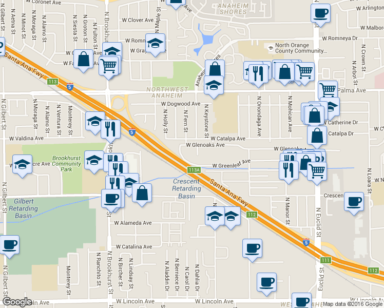 map of restaurants, bars, coffee shops, grocery stores, and more near 2000 Glenoaks Avenue in Anaheim