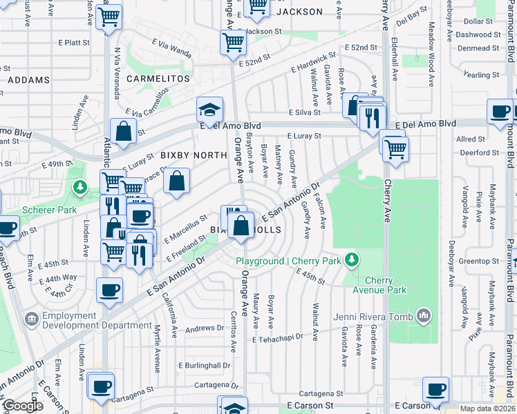map of restaurants, bars, coffee shops, grocery stores, and more near 4681 North Banner Drive in Long Beach