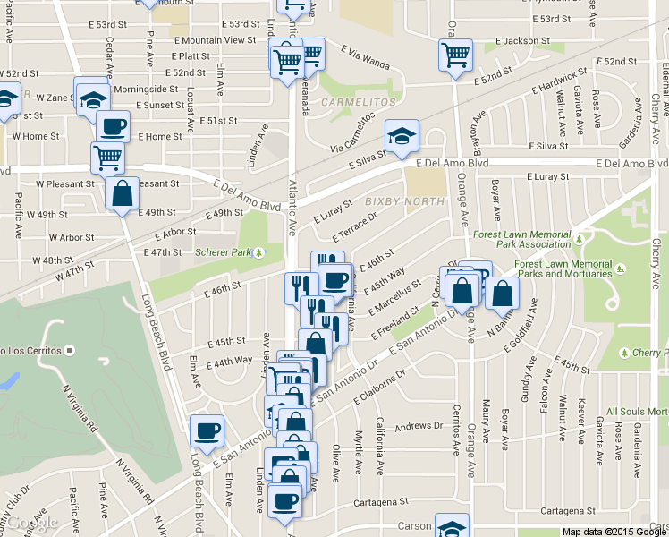 map of restaurants, bars, coffee shops, grocery stores, and more near 799 East 46th Street in Long Beach