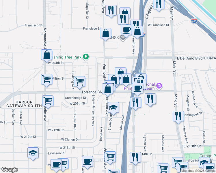map of restaurants, bars, coffee shops, grocery stores, and more near 20704 Vermont Avenue in Torrance