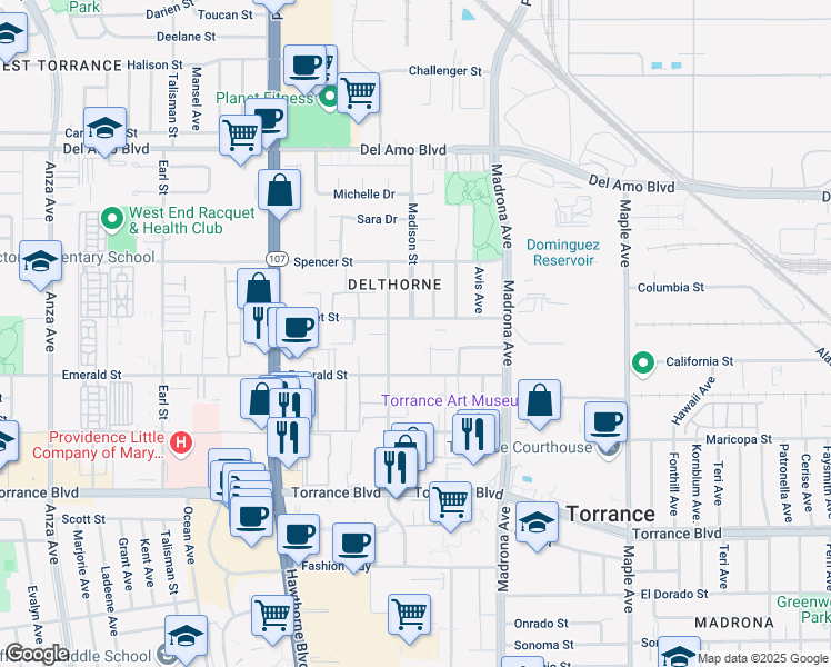 map of restaurants, bars, coffee shops, grocery stores, and more near 3544 Garnet Street in Torrance
