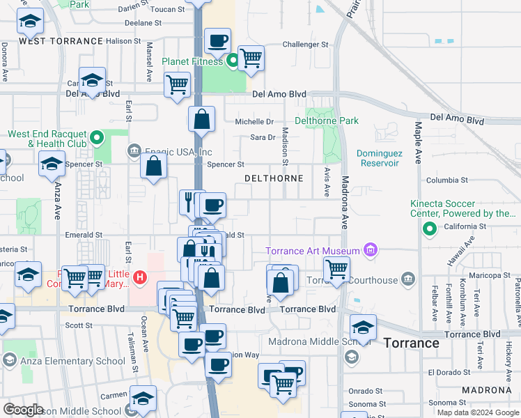 map of restaurants, bars, coffee shops, grocery stores, and more near 3618 Garnet Street in Torrance