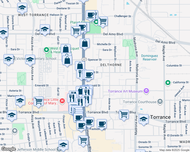 map of restaurants, bars, coffee shops, grocery stores, and more near 3700 Garnet Street in Torrance