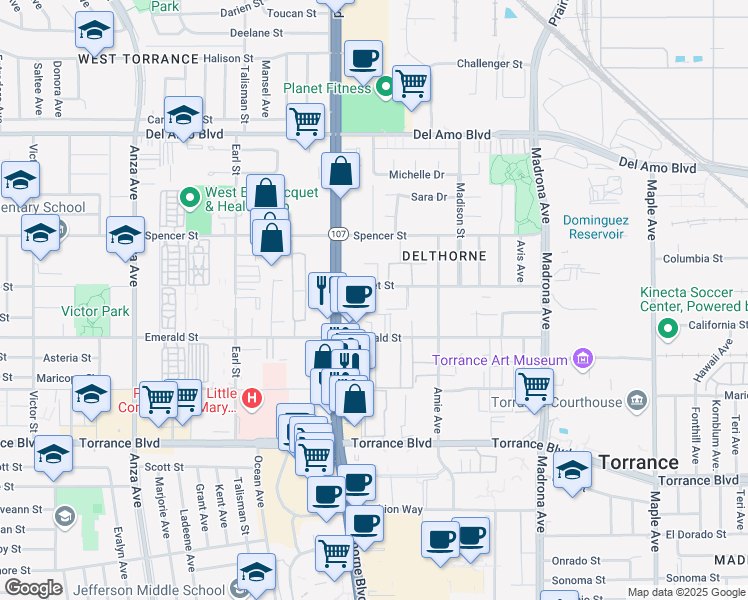 map of restaurants, bars, coffee shops, grocery stores, and more near 3700 Garnet Street in Torrance