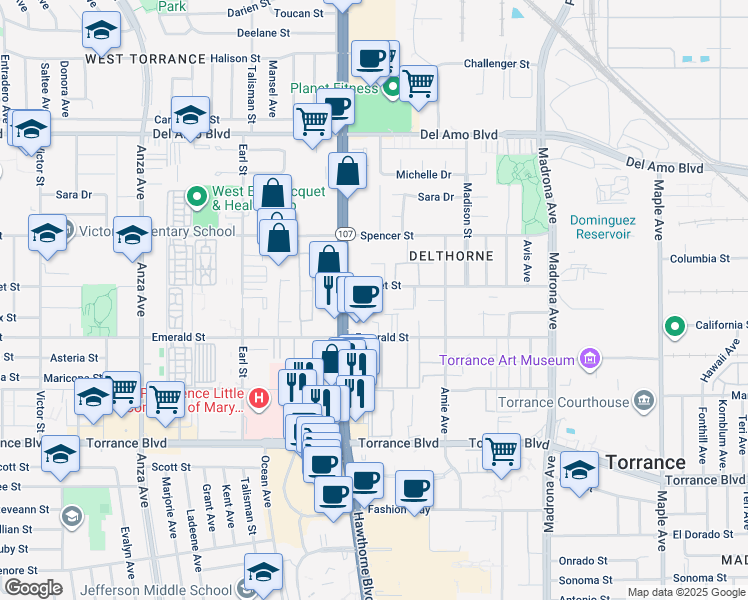 map of restaurants, bars, coffee shops, grocery stores, and more near 3750 Garnet Street in Torrance