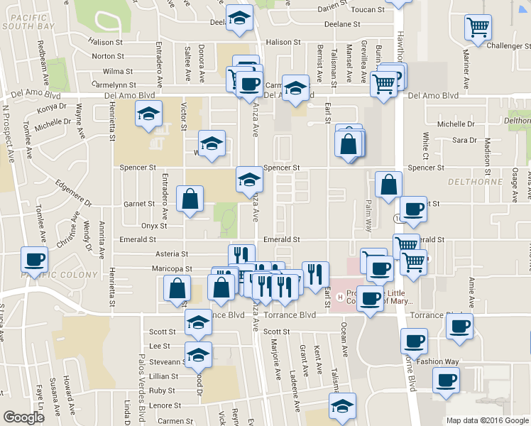 map of restaurants, bars, coffee shops, grocery stores, and more near 20606 Anza Avenue in Torrance