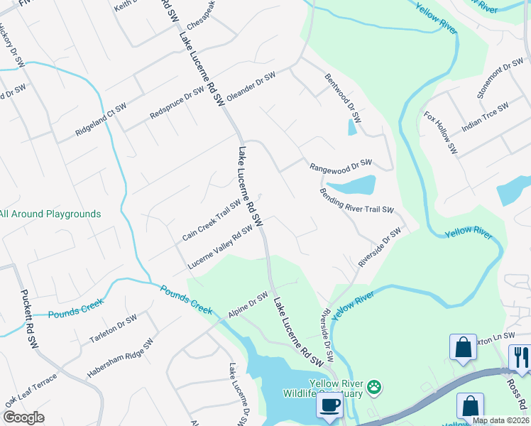 map of restaurants, bars, coffee shops, grocery stores, and more near 4551 Lucerne Lane Southwest in Lilburn