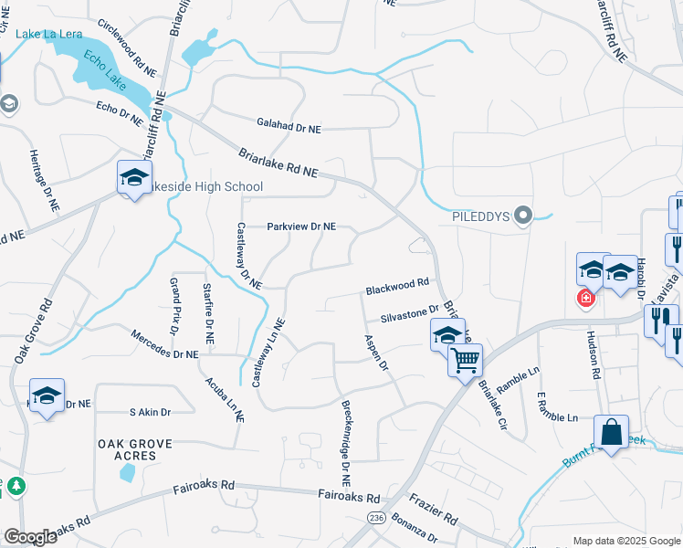 map of restaurants, bars, coffee shops, grocery stores, and more near 2073 Castleway Lane Northeast in Atlanta